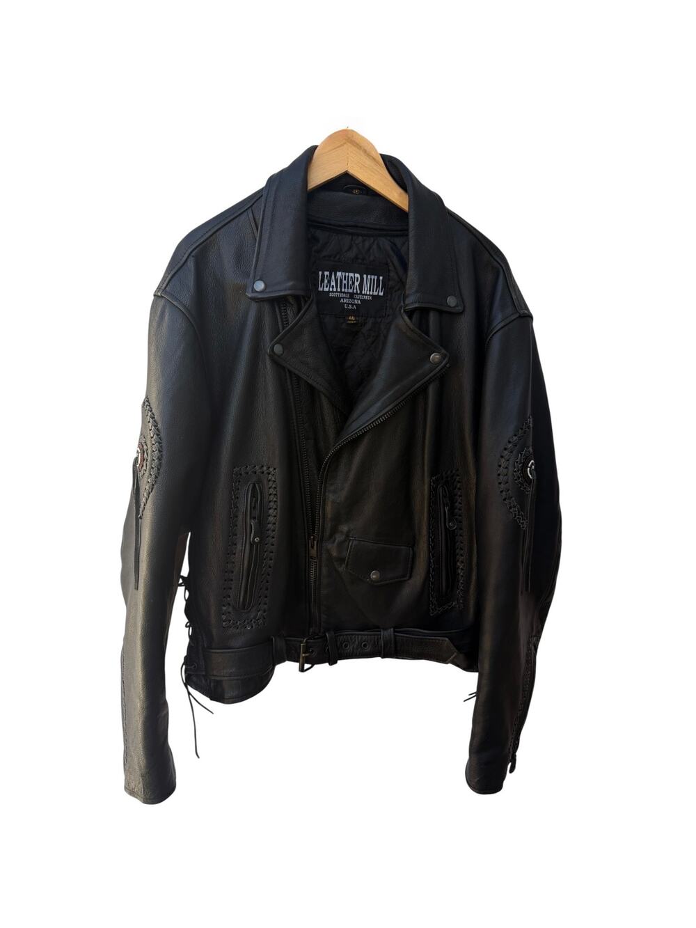 Leather Mill Motorcycle Jacket Mens 46 Black Western Biker Leather